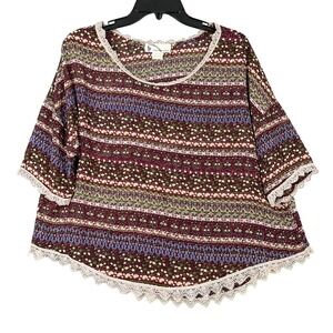 Imaginary Voyage Floral Striped Crochet Trim Boho Blouse Top Burgundy L Womens